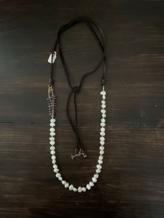 Long Necklace of Leather, Gems & Pearls